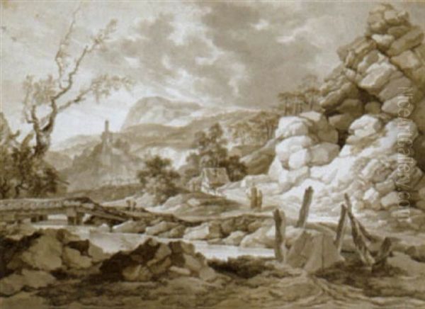 Felsige Bergige Landschaft Mit Flusquerung Und Wanderern - view 1