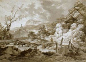 Felsige Bergige Landschaft Mit Flusquerung Und Wanderern by Jakob Matthias Ii Schmutzer