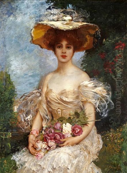 A Portrait Of An Elegant Woman Seated In A Garden Holding A Bouquet Of Roses - view 1