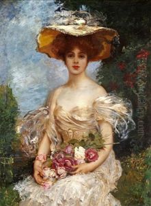A Portrait Of An Elegant Woman Seated In A Garden Holding A Bouquet Of Roses