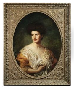 Brustbild Einer Eleganten Dame In Orangefarbenem Kleid In Dreiviertelansicht Nach Links by Leopold Schmutzler