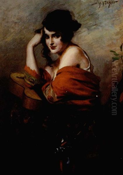 A Young Beauty Seated Wearing A Red Shawl And Leaning On A Guitar - view 1
