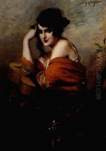 A Young Beauty Seated Wearing A Red Shawl And Leaning On A Guitar