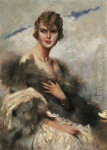 Portrat Einer Jungen Dame Mit Federboa by Leopold Schmutzler