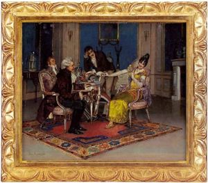 Junge Dame Und Drei Verehrer Im Salon