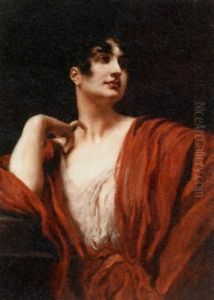 Portrait Of An Elegant Lady In A Red Dress by Leopold Schmutzler