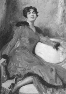 Dame In Rot Auf Dem Sofa by Leopold Schmutzler
