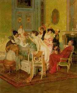 Nach Der Taufe Umringen Damen Und Herren In Empiregewandern Sowie Der Kardinal Die Wiege Des Stammhalters by Leopold Schmutzler