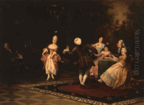 Parlor Scene With Ladies And Gentleman Dancing And Gossiping - view 1