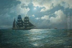 Tall Ship And Lightvessel by Carl Wilhelm Hugo Schnars-Alquist