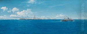 Steamship Off A Rocky Coast With A Radio Tower
