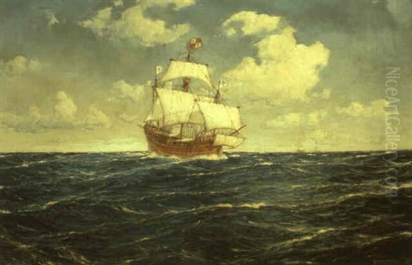 The Santa Maria, The Pinta And The Nina At Sea by Carl Wilhelm Hugo Schnars-Alquist