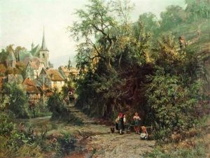 Laundresses Before The Village (stollberg / Harz) by Hermann Schnee