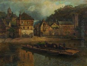 Dausenau An Der Lahn. Blick Uber Den Flus Auf Das Alte Stadtchen. Auf Dem Wasser Ein Fahrboot