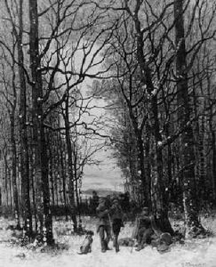 Rastende Jager Mit Hunden Im Winterwald