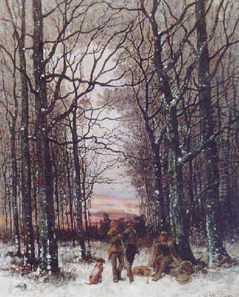 Huntsmen With Their Dogs In A Wooded Winter Landscape - view 1