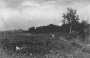 Abendstimmung Uber Hugeliger Landschaft Mit Schimmelreiter Und Stadtansicht In Einer Mulde by Bernhard Schneider