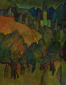 Obsternte Vor Dorf In Hugellandschaft by Carlos (Karl Heinrich) Schneider
