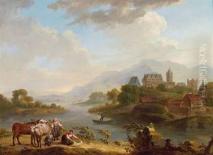 Rheinlandschaft Mit Einer Stadt Und Hirten (+ Rheinlandschaft Mit Einem Turm Und Kuhen; 2 Works) by Georg Schneider
