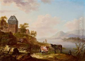 Rheinlandschaft Mit Einem Turm Und Kuhen by Georg Schneider