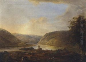 A Rhenish Landscape With Travellers On A Mountain Path by Georg Schneider