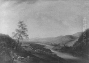 Rheinlandschaft Mit Pferdefuhrwerk Und Staffagen by Georg Schneider