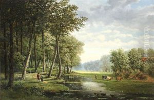 Sous-bois Anime D'une Bergere, De Vaches Et De Promeneurs by Gerard Auguste Schneider