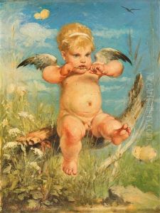 Putto In Sommerlichem Wiesengrund by Hermann Schneider