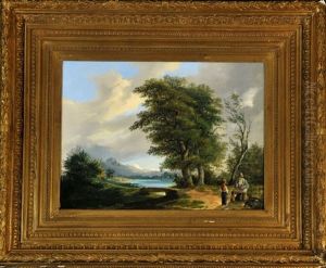 Pfeife Rauchender Herr Mit Knabe In Seenlandschaft