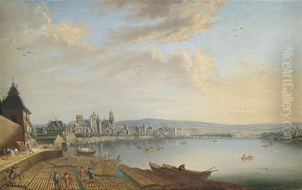 Blick Auf Mainz Vom Schloschen Der Kurfurstlichen Favorite Den Rhein Hinunter. Unten Links Selbstbildnis Des Kunstlers Von Hinten Vor Der Staffelei - view 1