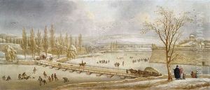 Der Munsterweiher In Mainz Im Winter Mit Zahlreichen Schlittschuhlaufern Und Weitem Blick In Die Umgebende Landschaft