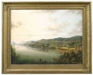 Weite Rheingaulandschaft Mit Stadten Und Weingarten Am Ufer, Im Bildhintergrund Oben Wohl Der Johannisberg