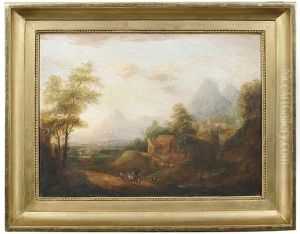 Weite Landschaft Mit Rinderherden Und Bauerngehoften, Im Hintergrund Ausblick In Eine Flusslandschaft. Weite Landschaft Mit Rinderherde Und Bauerngehoft An Einem Wasserfall (pair) by Johann Caspar Schneider
