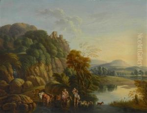 Rheinlandschaft. Flussuberquerung Einer Bauernfamilie Mit Ihrem Vieh
