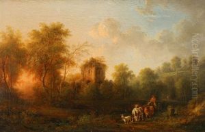 Ruinenlandschaft Mit Hirten, Kuhen Und Ziegen by Johann Caspar Schneider