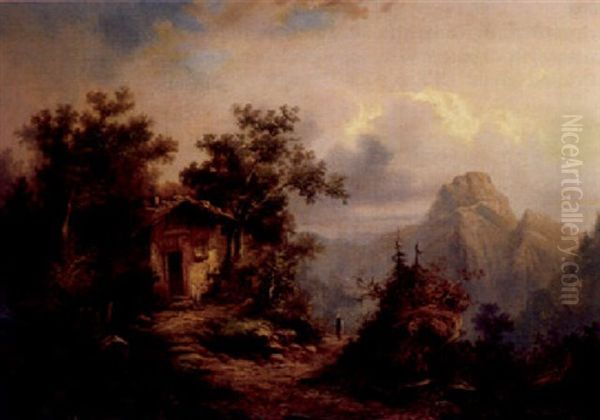 Abendliche Alpenlandschaft Mit Malerischem Haus Und Personenstaffage - view 1