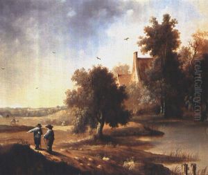 Landschaft Mit Hausern, Weiher Und Zwei Wanderern