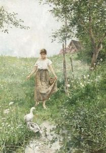 Ganseliesel Auf Einer Sommerwiese Hinter Dem Gehoft by Max Schneidt