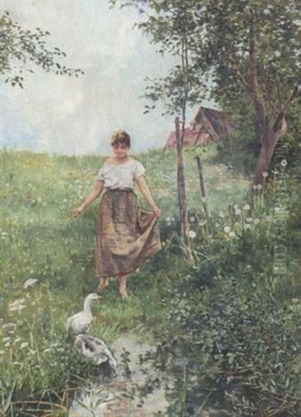 Gansehrtin Mit Gansen Am Tumpel - view 1