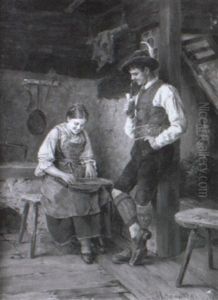 Verliebt H"rt Ein Junger Bauernbursche Seinem Madchen Zu by Max Schneidt