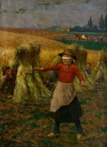 Kinder Beim Blindekuhspiel Zwischen Korngarben Mit Weiter, Spatsommerlicher Landschaft