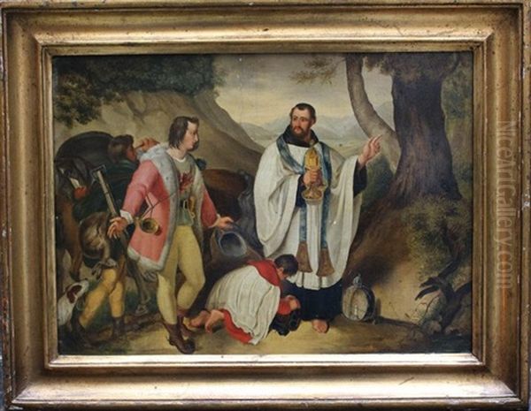 A Priest With His Scholar Pointing Some Hunters The Way In Landscape - view 1