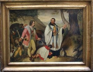 A Priest With His Scholar Pointing Some Hunters The Way In Landscape by Julius Schnorr Von Carolsfeld