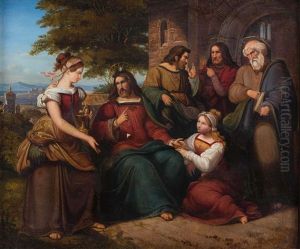 Jesus Mit Zwei Jungen Frauen, Wohl Martha Und Maria, Und Drei Aposteln In Landschaft by Julius Schnorr Von Carolsfeld