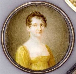A Young Lady In Yellow Dress, Drop Gold Earring, Pearl Set Gold Comb In Her Upswept And Curling Brown Hair by Ludwig Ferdinand Schnorr von Carolsfeld