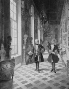 Friedrich Ii Im Gesprach Mit Voltaire, In Einer Seitengalerie Des Schlosses Sanssouci Wandelnd, Ein Diener Im Hintergrund by Georg Schoebel