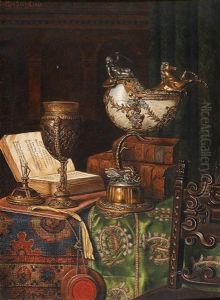 Still Life With Nautilus Goblet And Books by Max Schoedl