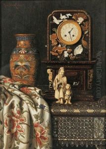 Still Life With Clock, Vase, And Ivory Figures by Max Schoedl