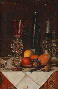 Stillleben Mit Prunkkelch, Silberschale, Champagner Und Obst Sowie Monogrammierter Tischdecke As