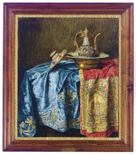 Still Life Of A Decorative Ewer And Basin On Textiles - view 1
